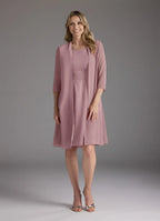 Dress Dusty Rose A-Line Scoop Pleated Dress Knee-Length Three-Quarter Sleeve Scoop Neck Back Zip Two-Piece Mother of the Bride Dress