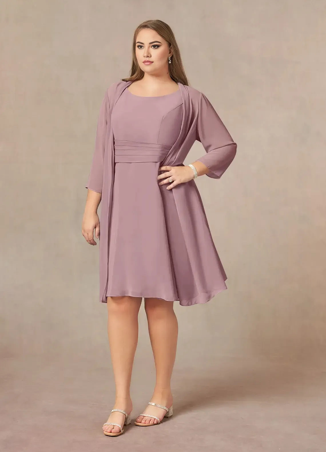 Dress Dusty Rose A-Line Scoop Pleated Dress Knee-Length Three-Quarter Sleeve Scoop Neck Back Zip Two-Piece Plus Size Mother of the Bride Dress