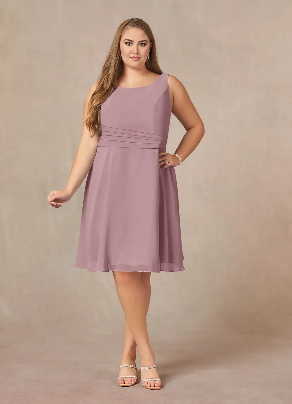 Dress Dusty Rose A-Line Scoop Pleated Dress Knee-Length Three-Quarter Sleeve Scoop Neck Back Zip Two-Piece Plus Size Mother of the Bride Dress