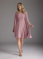 Dress Dusty Rose A-Line Scoop Pleated Dress Knee-Length Three-Quarter Sleeve Scoop Neck Back Zip Two-Piece Mother of the Bride Dress