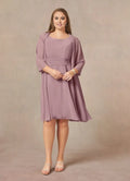Dress Dusty Rose A-Line Scoop Pleated Dress Knee-Length Three-Quarter Sleeve Scoop Neck Back Zip Two-Piece Plus Size Mother of the Bride Dress