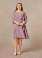 Dress Dusty Rose A-Line Scoop Pleated Dress Knee-Length Three-Quarter Sleeve Scoop Neck Back Zip Two-Piece Plus Size Mother of the Bride Dress