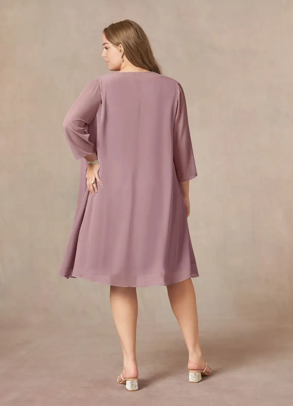 Dress Dusty Rose A-Line Scoop Pleated Dress Knee-Length Three-Quarter Sleeve Scoop Neck Back Zip Two-Piece Plus Size Mother of the Bride Dress