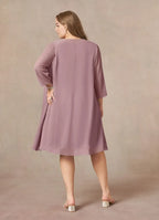 Dress Dusty Rose A-Line Scoop Pleated Dress Knee-Length Three-Quarter Sleeve Scoop Neck Back Zip Two-Piece Plus Size Mother of the Bride Dress