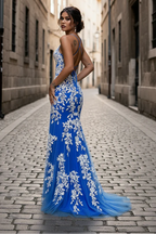 Lace-Appliquéd Mermaid V-Neck Spaghetti-Strap Crisscross-Back Floor-Length Prom Dress