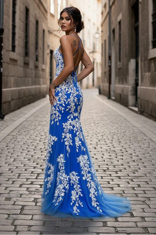 Lace-Appliquéd Mermaid V-Neck Spaghetti-Strap Crisscross-Back Floor-Length Prom Dress