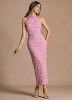 Lace Bodice Sheath Halter Neck Draped Back Midi Length For Sale Prom Dress
