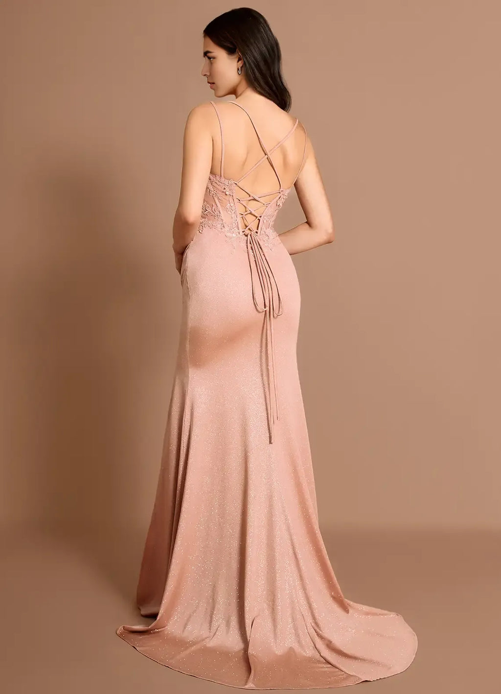 Lace Embellished Mermaid Plunging V Neck Spaghetti Strap Crisscross Lace Up Back Floor Length For Sale Prom Dress