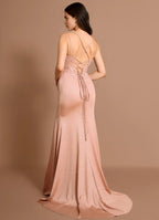 Lace Embellished Mermaid Plunging V Neck Spaghetti Strap Crisscross Lace Up Back Floor Length For Sale Prom Dress