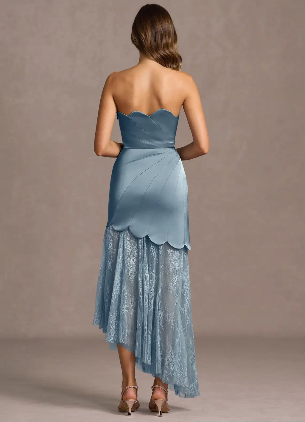 Lace Overlay Strapless Mermaid ScallopedHem Open Back Midi Length For Ladies Prom Dress