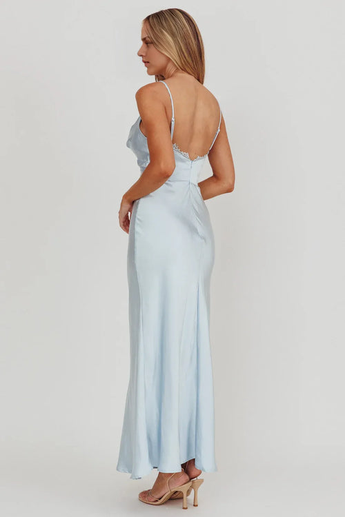 Lace Trimmed Satin Sheath Spaghetti Strap Open Back Floor Length Hot sale Prom Dress