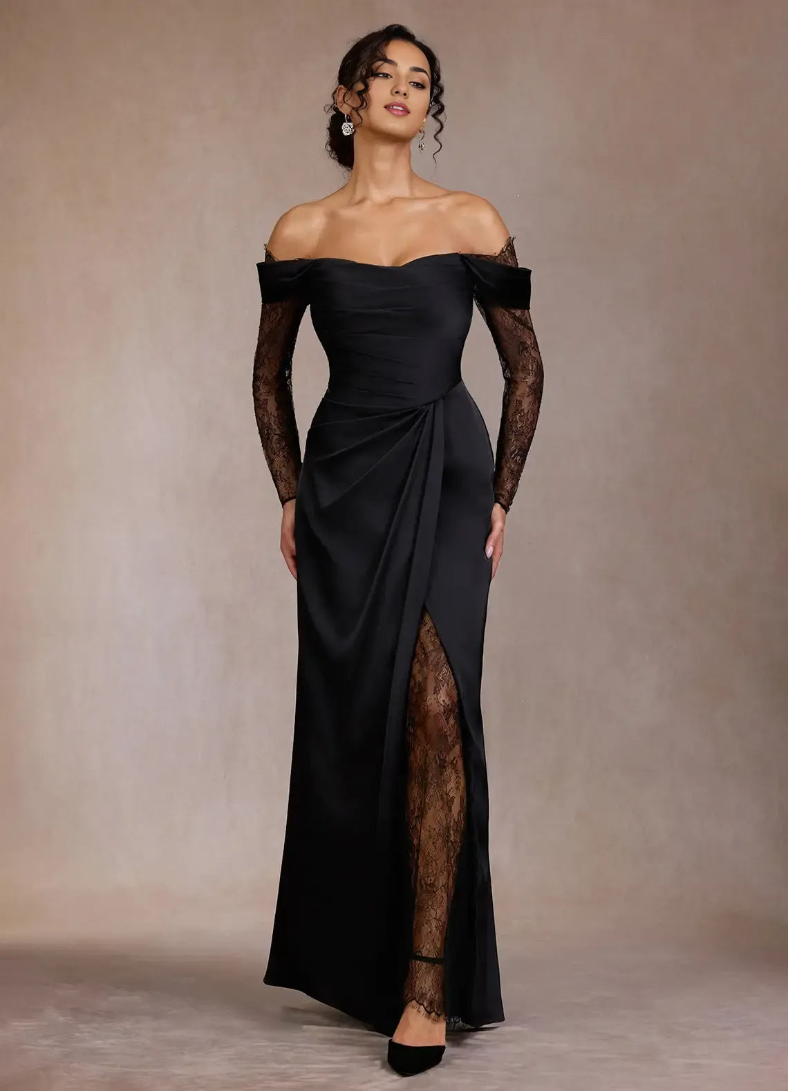 Lace Trimmed Sheath Off Shoulder Long Sleeve Open Back Floor Length For Sale Prom Dress