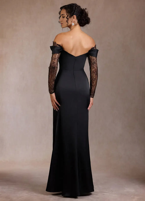 Lace Trimmed Sheath Off Shoulder Long Sleeve Open Back Floor Length For Sale Prom Dress