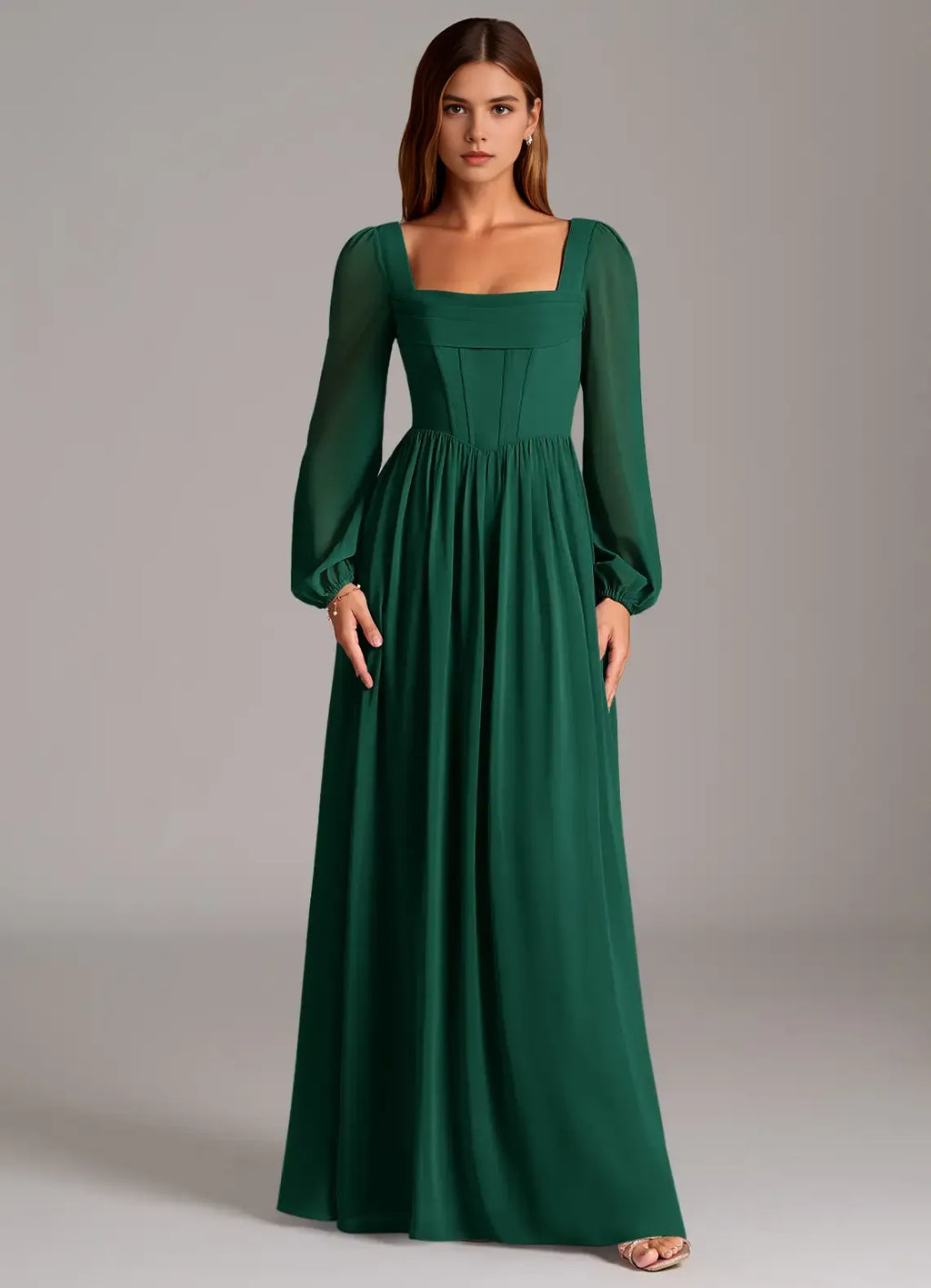 Lace Up Back Square Neck Chiffon A Line Sheer Sleeve Floor Length For Ladies Prom Dress