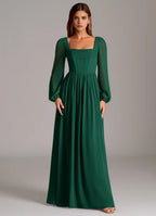 Lace Up Back Square Neck Chiffon A Line Sheer Sleeve Floor Length For Ladies Prom Dress