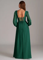 Lace Up Back Square Neck Chiffon A Line Sheer Sleeve Floor Length For Ladies Prom Dress