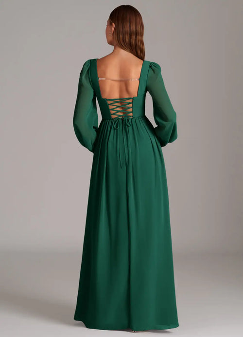 Robe de bal longue en mousseline de soie à col carré, manches transparentes et dos lacé pour femme