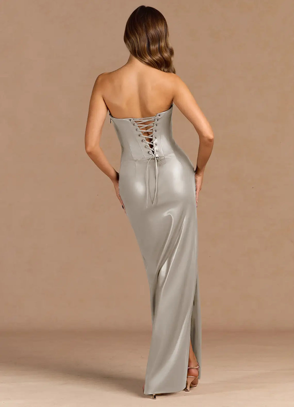 Lace Up Back Strapless Satin Mermaid Ruched Bodice High Slit Floor Length For Women Prom Dress