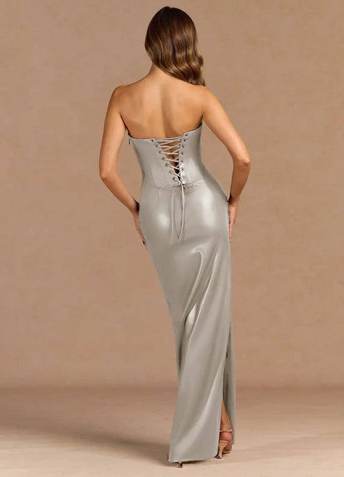 Robe de bal sirène en satin, bustier froncé sans bretelles, laçage au dos, fente haute, longueur ras du sol pour femme