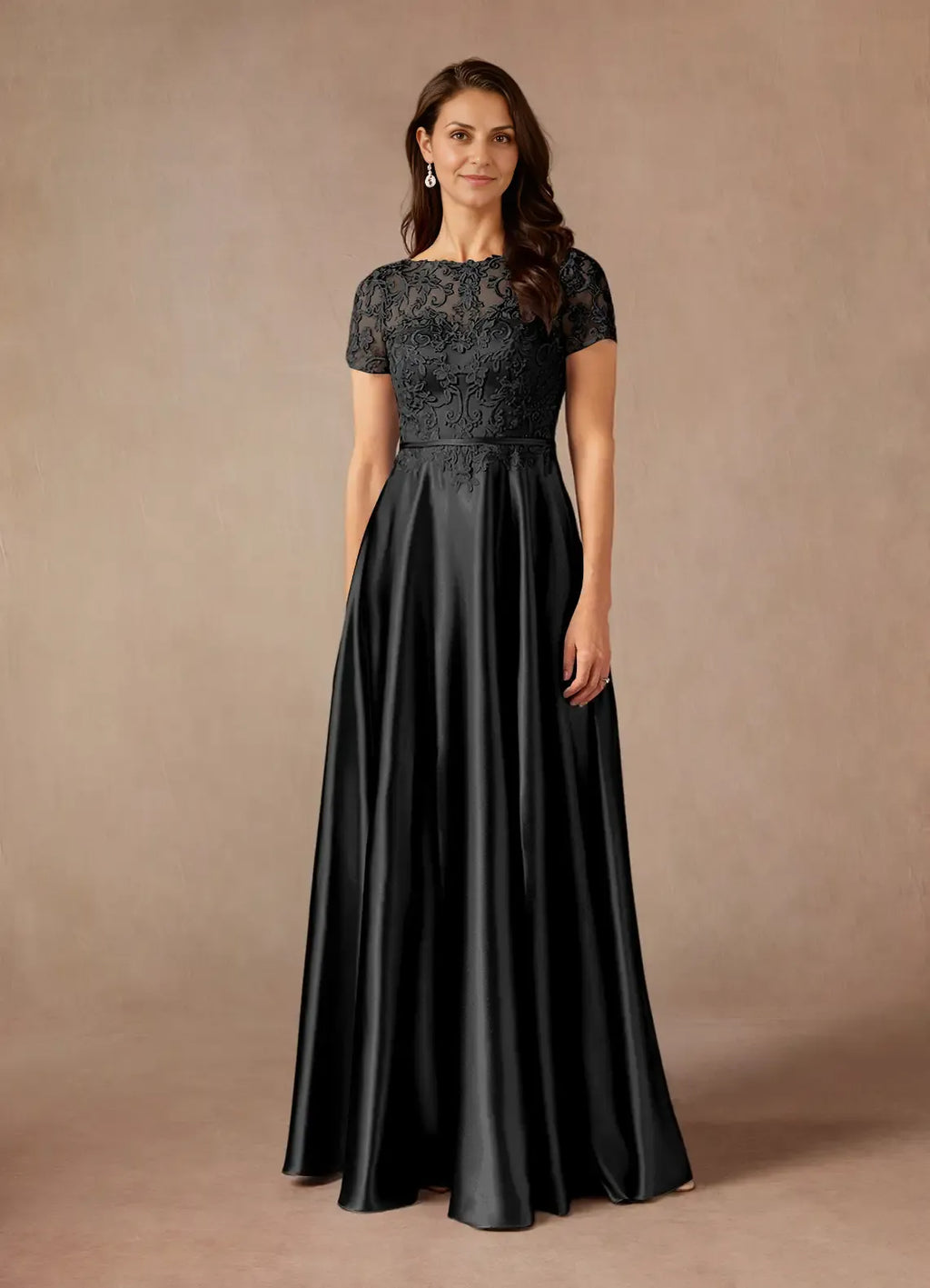Black Dress Simple A-Line Dress Floor-Length Short Sleeve Keyhole Back Illusion Neck Mother of the Bride Dress