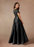 Black Dress Simple A-Line Dress Floor-Length Short Sleeve Keyhole Back Illusion Neck Mother of the Bride Dress
