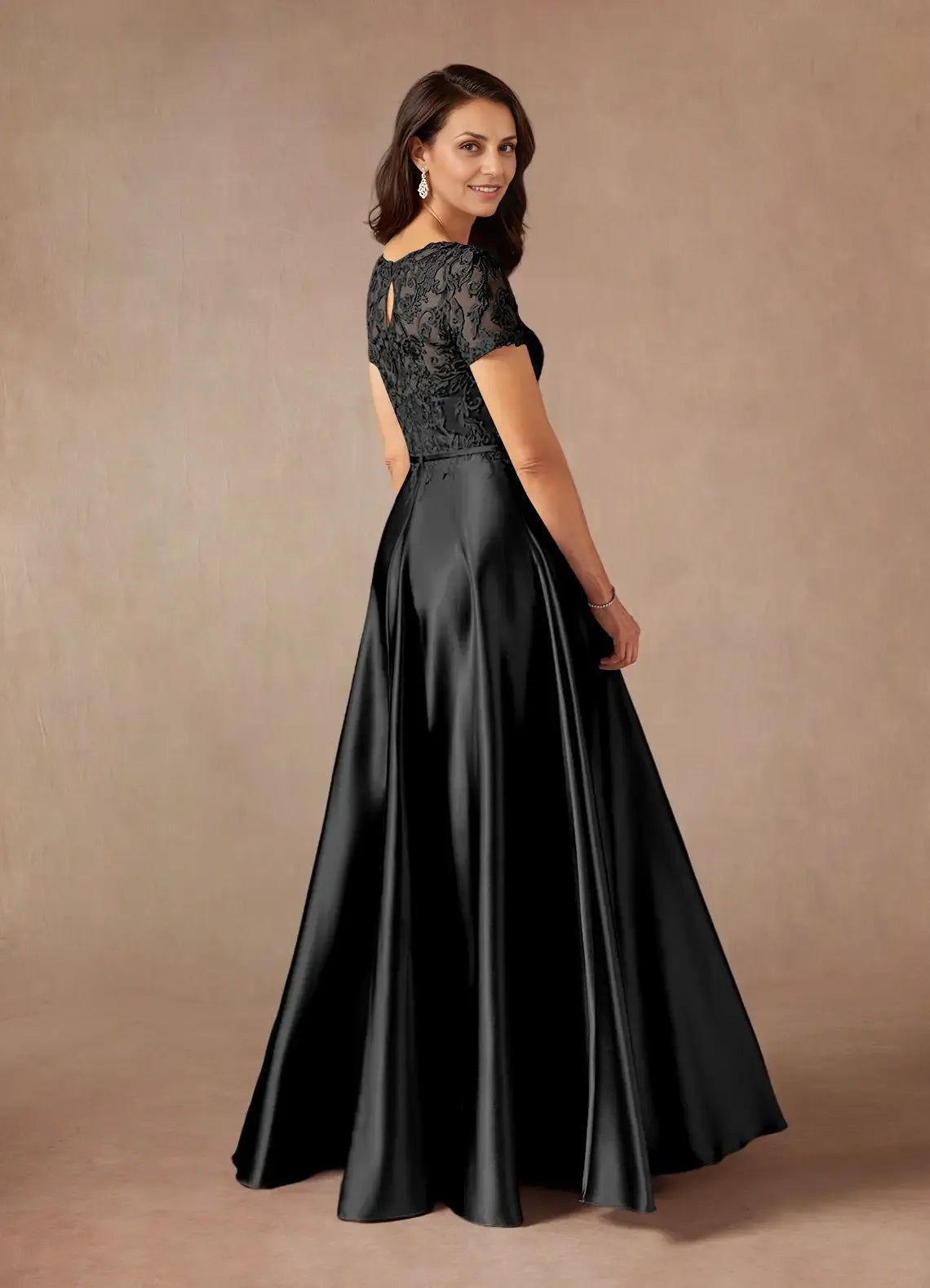 Black Dress Simple A-Line Dress Floor-Length Short Sleeve Keyhole Back Illusion Neck Mother of the Bride Dress