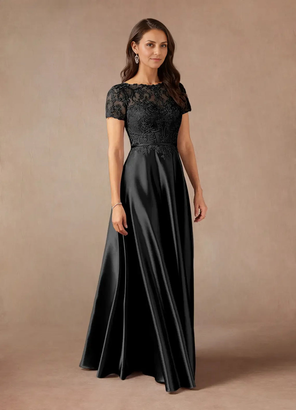 Black Dress Simple A-Line Dress Floor-Length Short Sleeve Keyhole Back Illusion Neck Mother of the Bride Dress