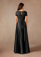 Black Dress Simple A-Line Dress Floor-Length Short Sleeve Keyhole Back Illusion Neck Mother of the Bride Dress