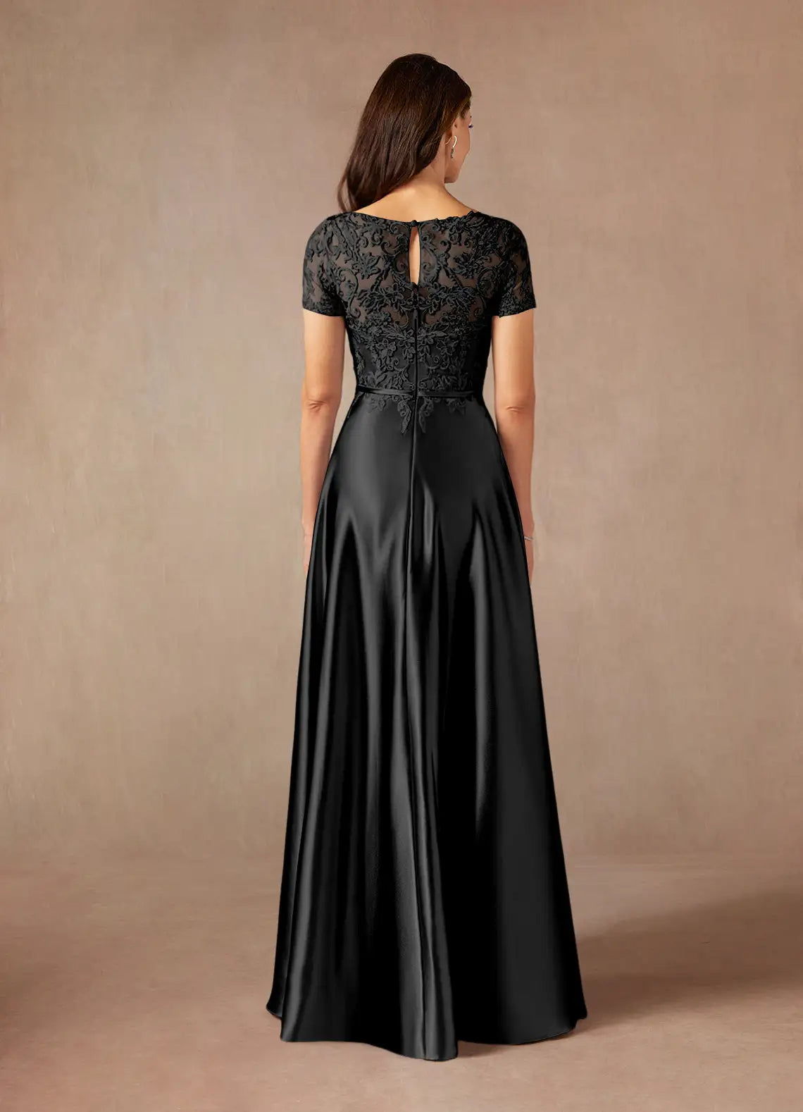 Black Dress Simple A-Line Dress Floor-Length Short Sleeve Keyhole Back Illusion Neck Mother of the Bride Dress
