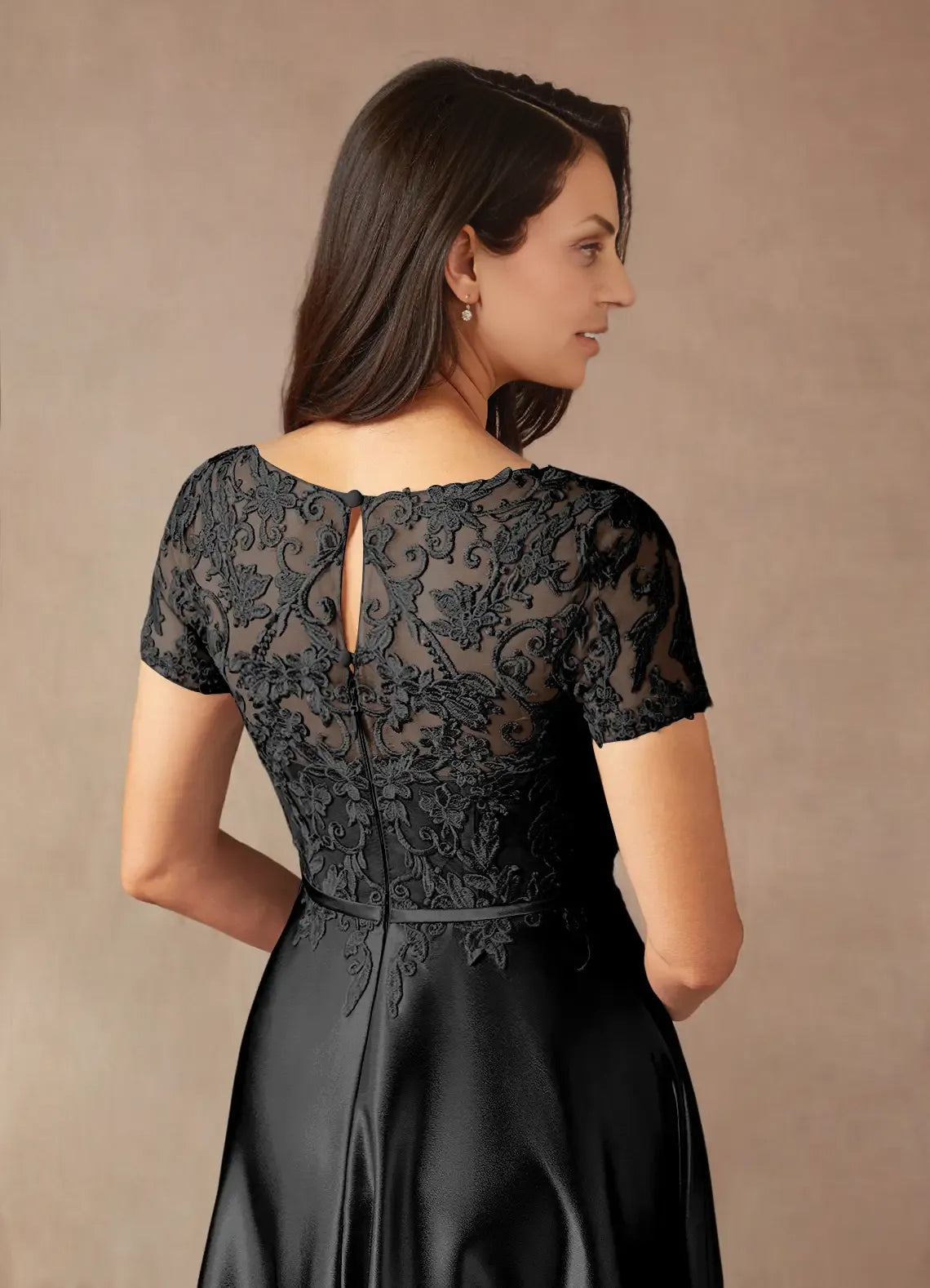 Black Dress Simple A-Line Dress Floor-Length Short Sleeve Keyhole Back Illusion Neck Mother of the Bride Dress