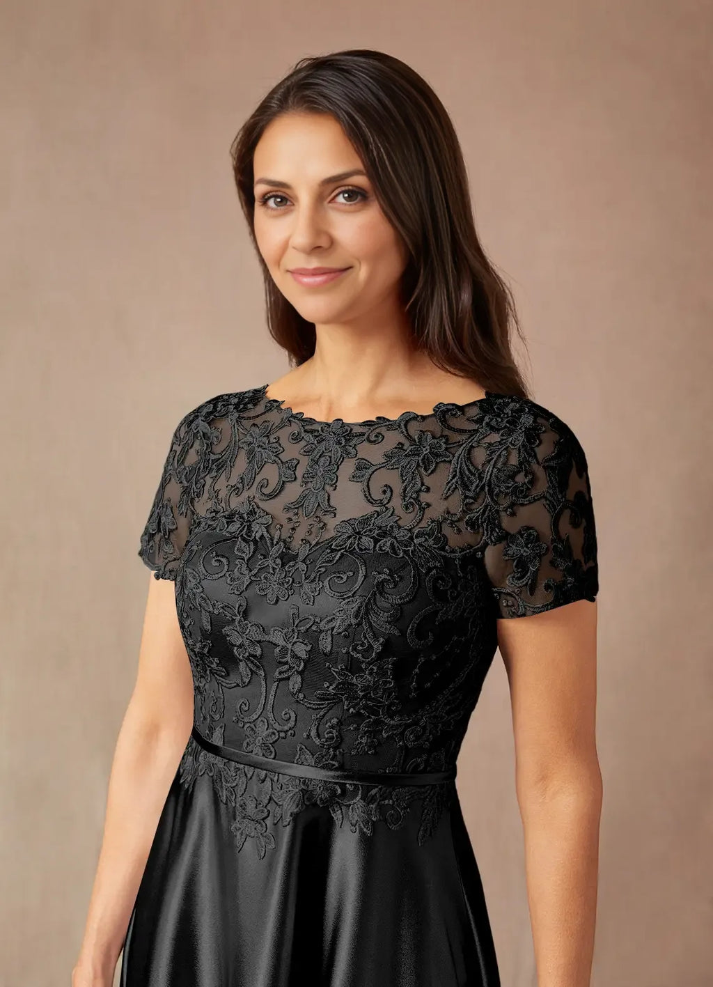 Black Dress Simple A-Line Dress Floor-Length Short Sleeve Keyhole Back Illusion Neck Mother of the Bride Dress
