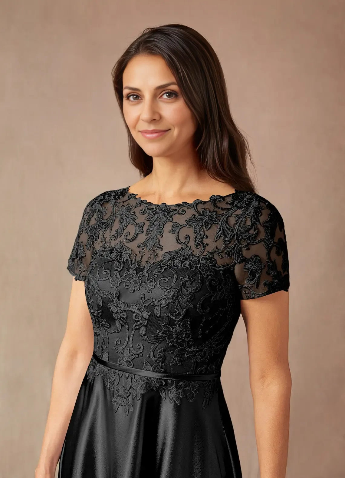 Black Dress Simple A-Line Dress Floor-Length Short Sleeve Keyhole Back Illusion Neck Mother of the Bride Dress