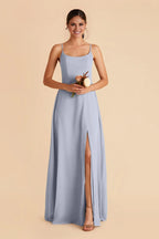 Laid-Back Dusty Blue Chiffon Square Neck Spaghetti-Strap Maxi Bridesmaid Dress with High Side Slit