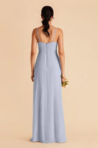 Laid-Back Dusty Blue Chiffon Square Neck Spaghetti-Strap Maxi Bridesmaid Dress with High Side Slit