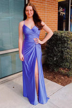 Lavender Spaghetti Strap Cutout Criss Cross Back High Slit Mermaid Prom Dress