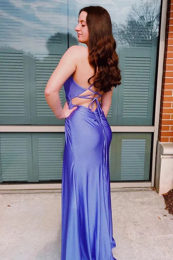 Lavender Spaghetti Strap Cutout Criss Cross Back High Slit Mermaid Prom Dress