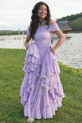 Lavender Off Shoulder Tiered Ruffle Maxi Dress