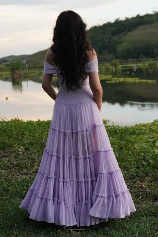 Lavender Off Shoulder Tiered Ruffle Maxi Dress
