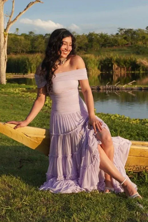 Lavender Off Shoulder Tiered Ruffle Maxi Dress