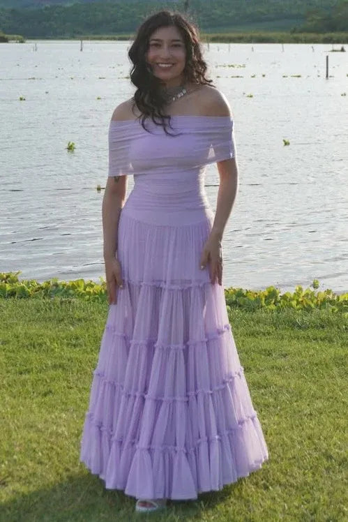 Lavender Off Shoulder Tiered Ruffle Maxi Dress
