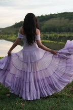 Lavender Off Shoulder Tiered Ruffle Maxi Dress