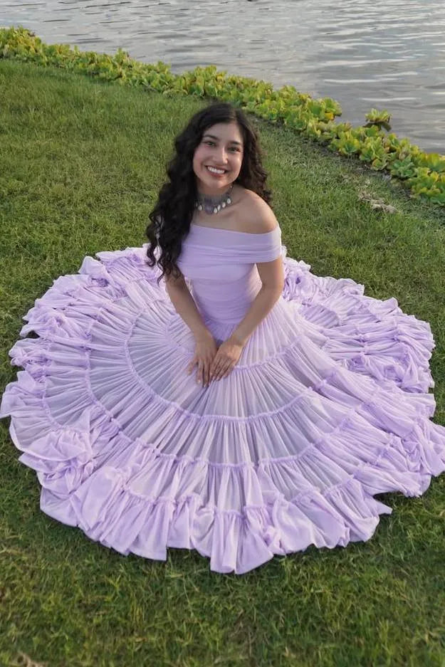 Lavender Off Shoulder Tiered Ruffle Maxi Dress