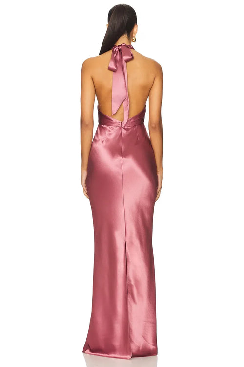 Robe de soirée longue somptueuse sans manches à col licou avec lien au dos