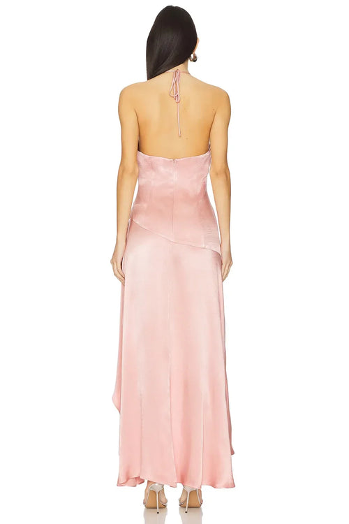 Robe de soirée asymétrique somptueuse sans manches, dos nu, à nouer, avec col licou