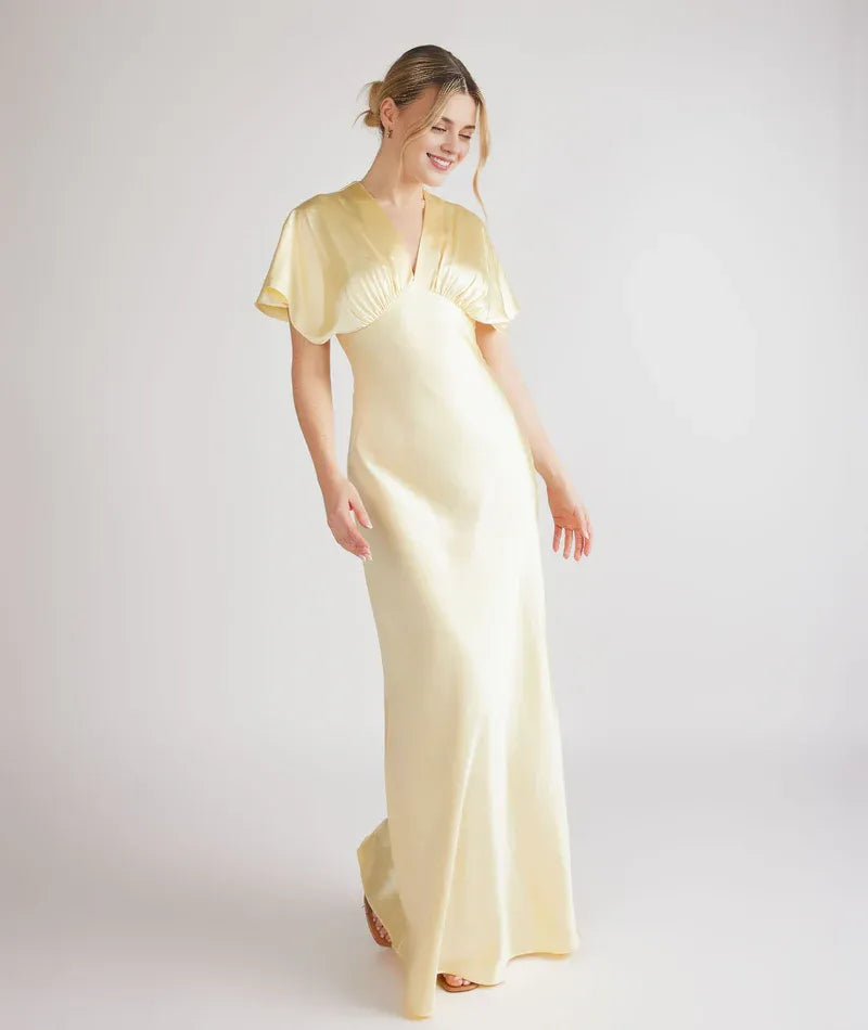 Dress Deep V Neck Batwing Bridesmaid Dress Champagne Pleated Solid Color Fashion Prom Dress