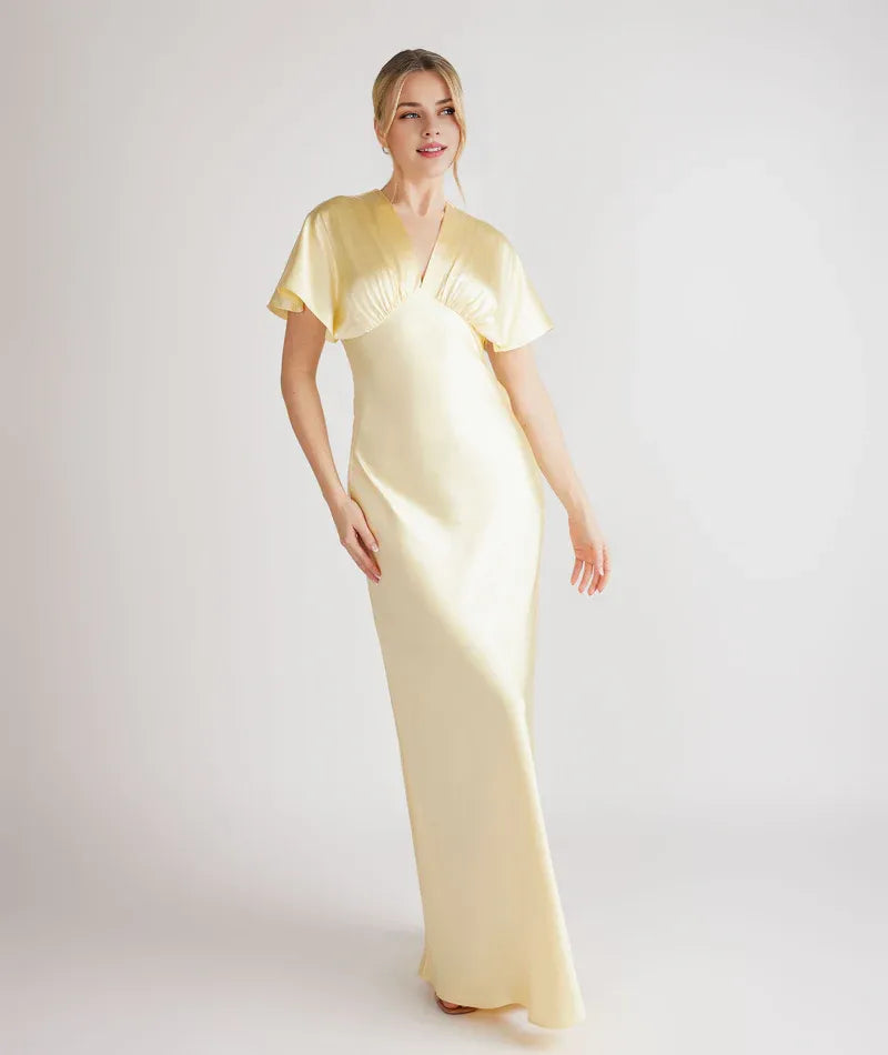 Dress Deep V Neck Batwing Bridesmaid Dress Champagne Pleated Solid Color Fashion Prom Dress
