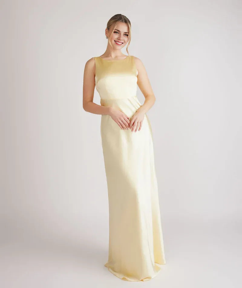 Dress Fashion Cowl Back Bridesmaid Dress Maxi Dress Solid Color Champagne Boat Neck Sleeveless Prom Dress