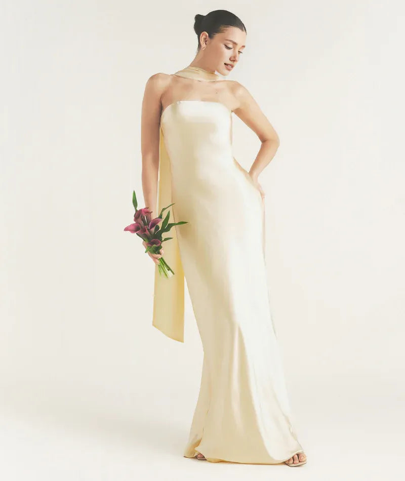 Dress Fashion Strapless Neck Bridesmaid Dress Maxi Dress Backless Solid Color Sleeveless Prom Dress With Scarf