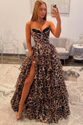 Leopard Print Strapless Corset Tiered Ruffle Slit Long Prom Dress