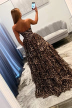 Leopard Print Strapless Corset Tiered Ruffle Slit Long Prom Dress